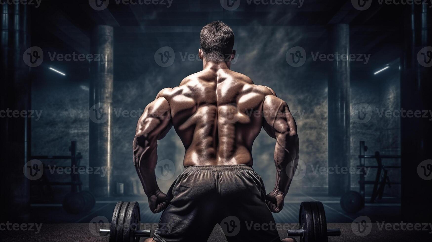 Beau fort athlétique Hommes pompage en haut muscles faire des exercices la musculation concept Contexte - musclé bodybuilder Beau Hommes Faire des exercices dans Gym nu ,ai généré ouvrages d'art photo