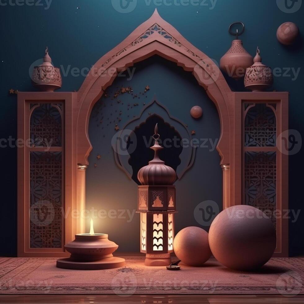 Ramadan kareem salutation carte. arabe lanternes, lune et mosquée à nuit. ai généré ouvrages d'art photo