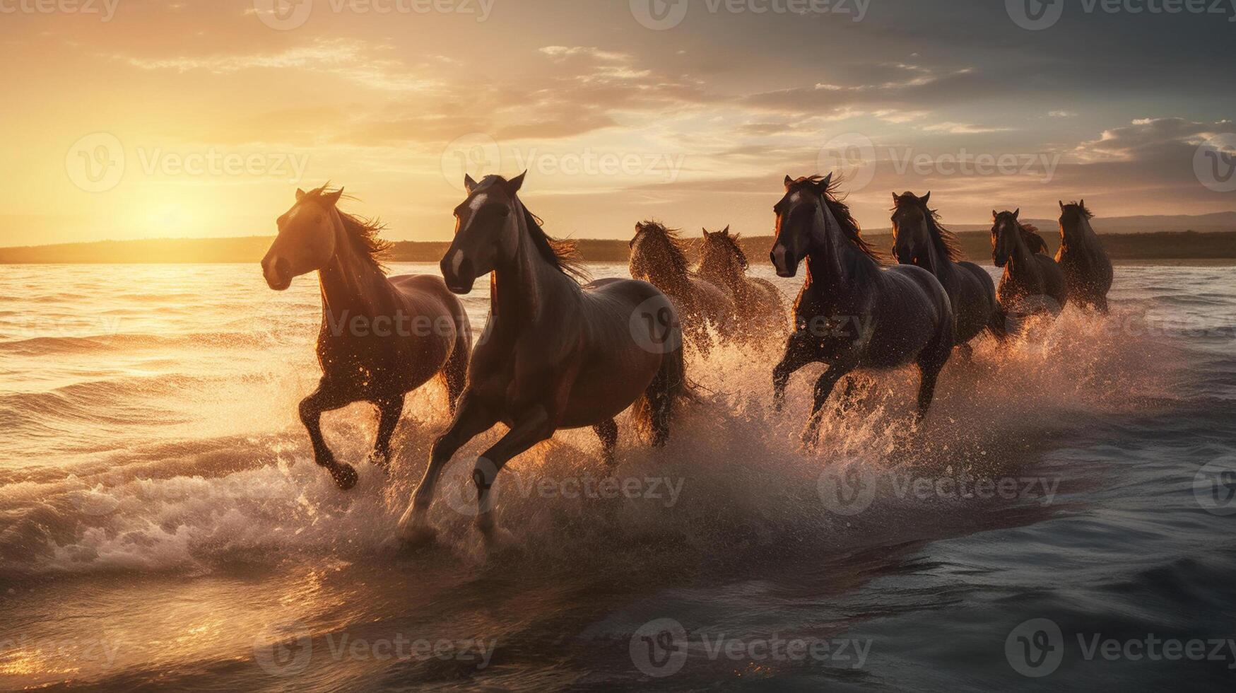 troupeau de les chevaux galopant dans le mer à le coucher du soleil dans été ai généré ouvrages d'art photo