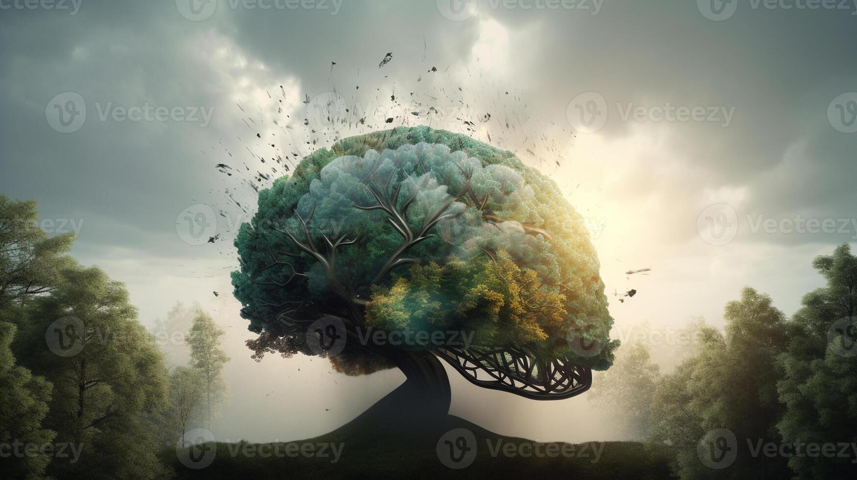 conceptuel image de une Humain tête avec coloré cerveau et l'automne feuilles. mental santé concept ai généré ouvrages d'art photo