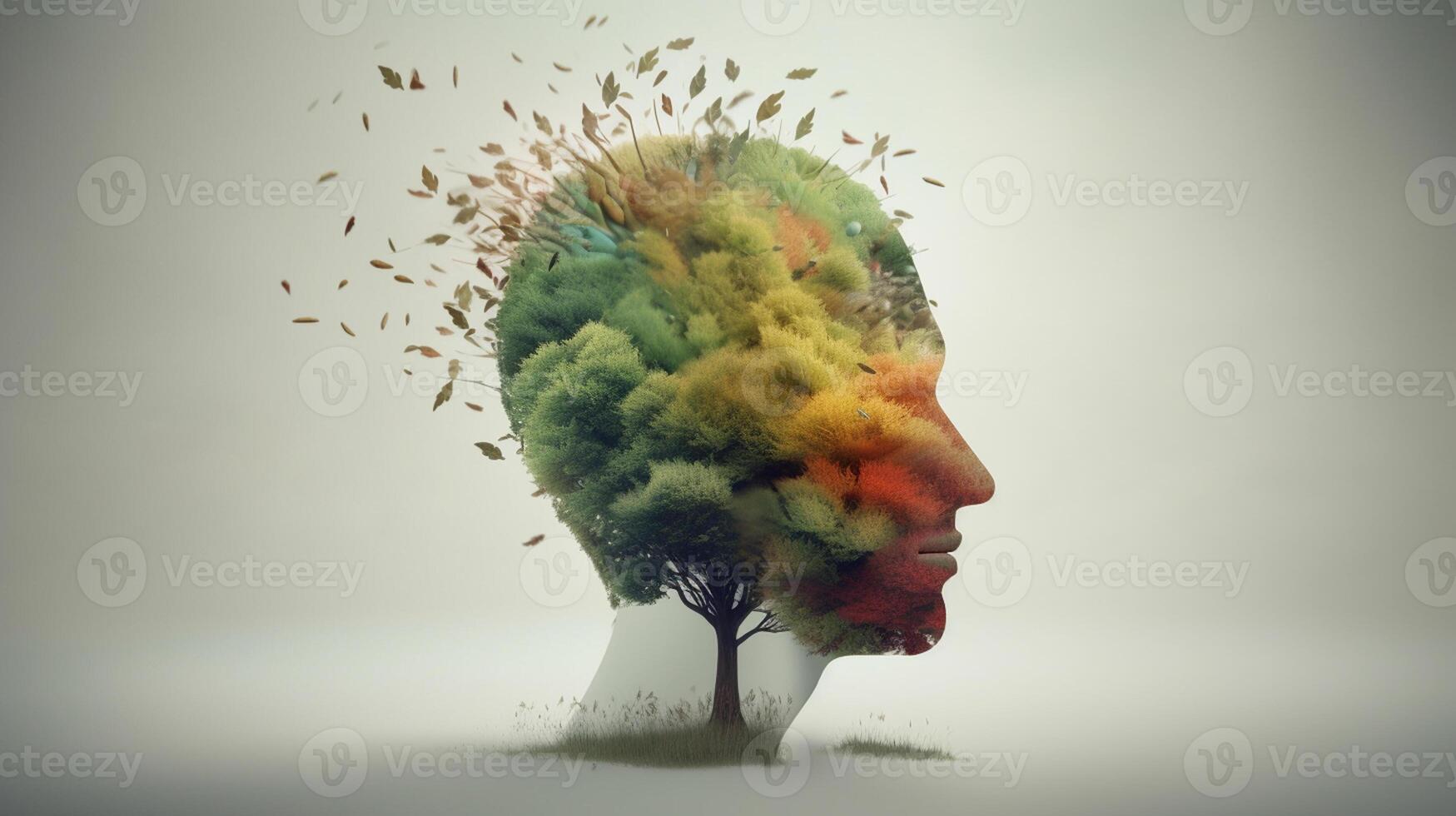 conceptuel image de une Humain tête avec coloré cerveau et l'automne feuilles. mental santé concept ai généré ouvrages d'art photo