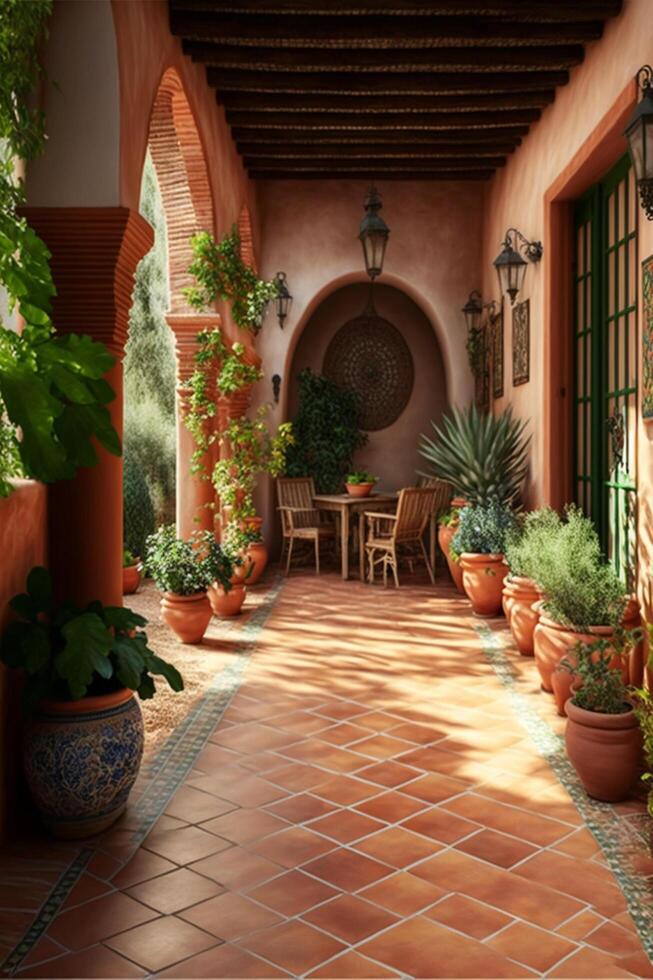 magnifique luxueux Espagnol jardin terrasse. génératif ai photo