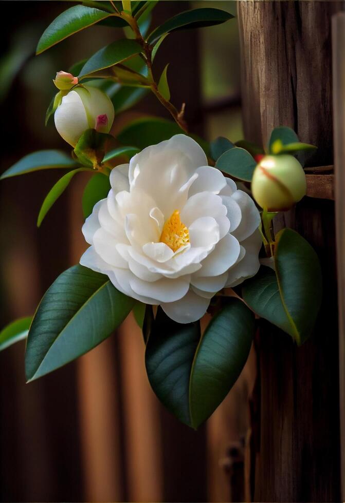 réaliste la photographie de épanouissement camélia fleurs. génératif ai photo