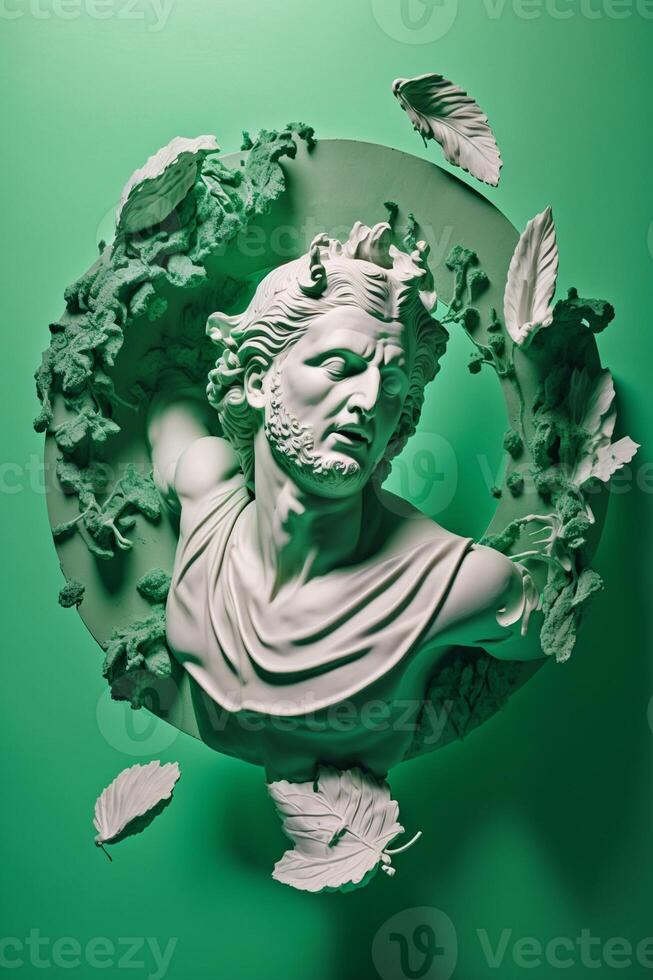 antique marbre statue de David avec feuilles sur une vert Contexte ai généré photo