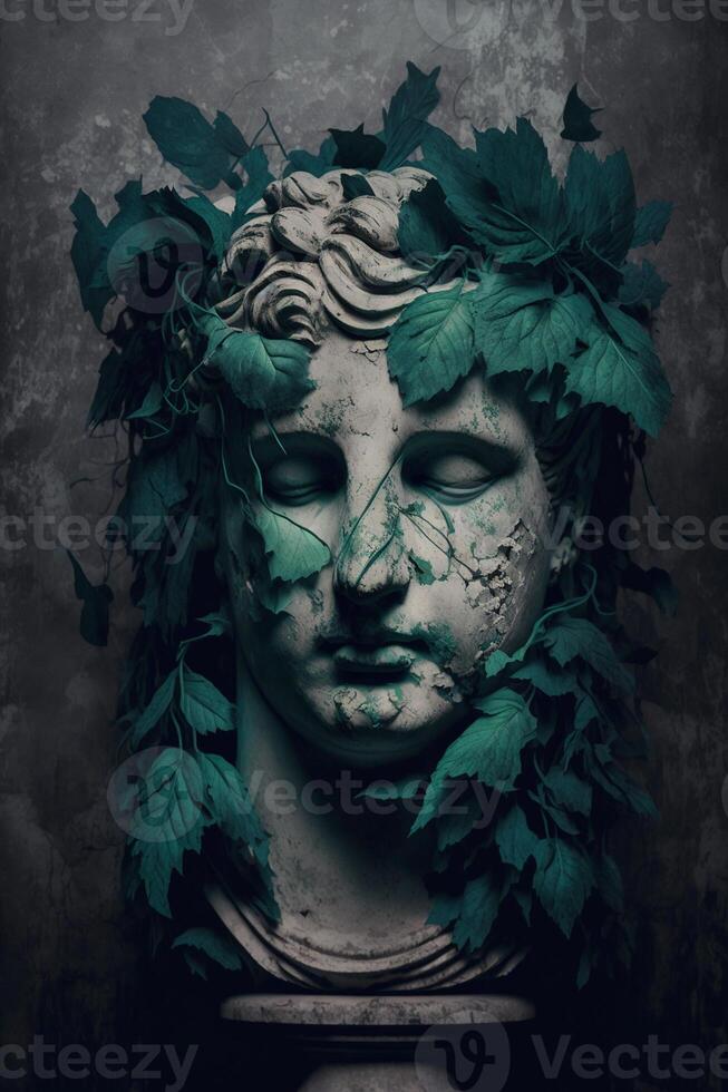 ancien gothique statue avec vert feuilles sur grunge Contexte ai généré photo