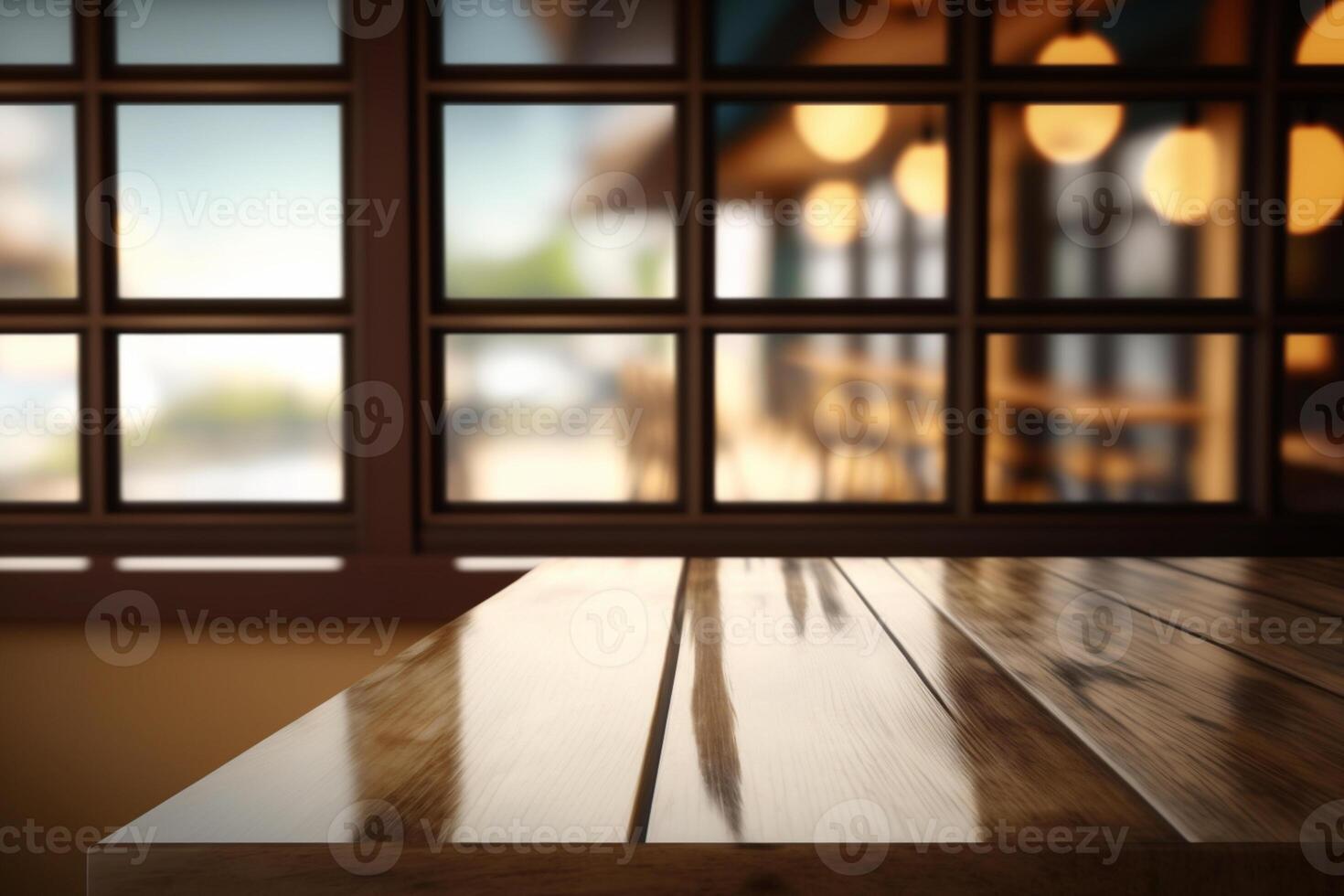 vide bois table Haut et brouiller verre fenêtre intérieur restaurant ai généré photo