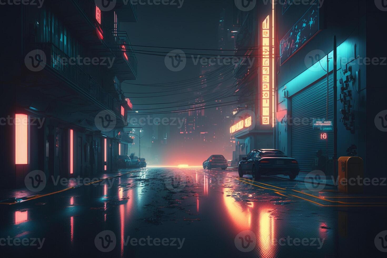 photoréaliste futuriste ville dans le style de cyberpunk. vide rue avec néon lumières ai généré photo