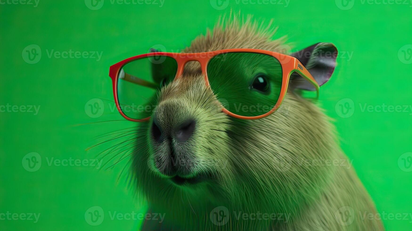 Célibataire capybara avec des lunettes de soleil sur brillant vert Contexte le tête à la recherche élégant et cool. génératif ai. photo