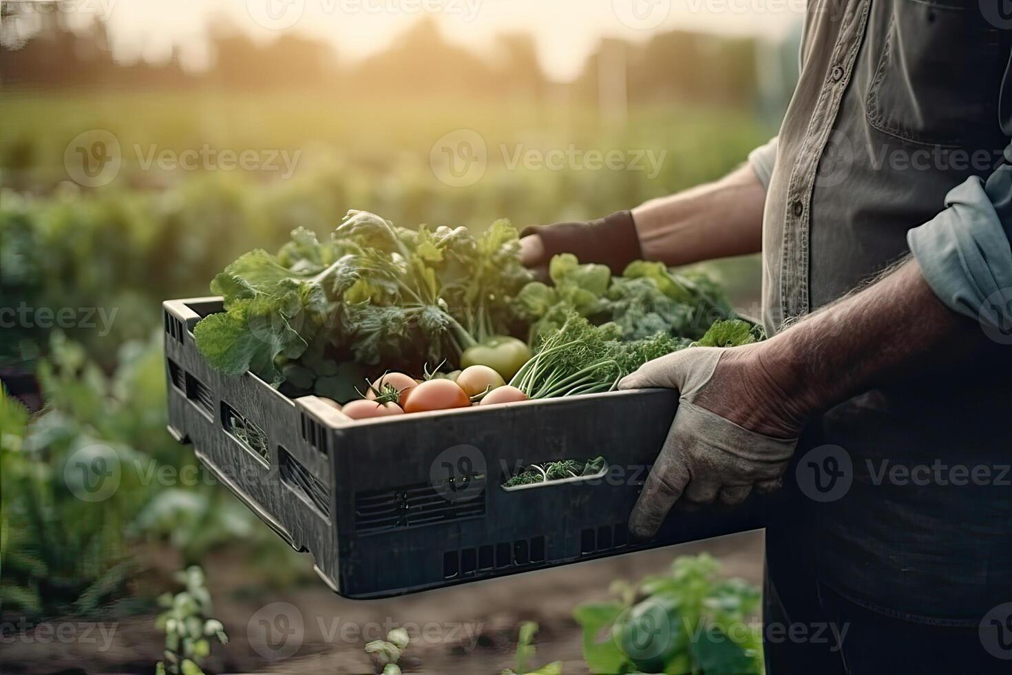 agriculteur en portant boîte avec des légumes. agriculteur en portant en bois Caisse rempli avec Frais des légumes et des fruits. génératif ai. photo