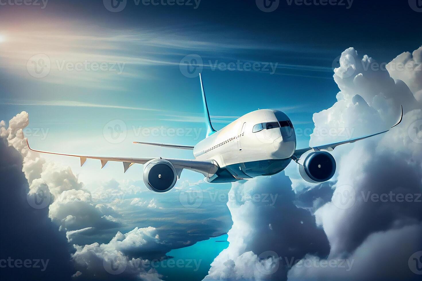 une blanc avion dans vol plus de le des nuages. génératif ai photo