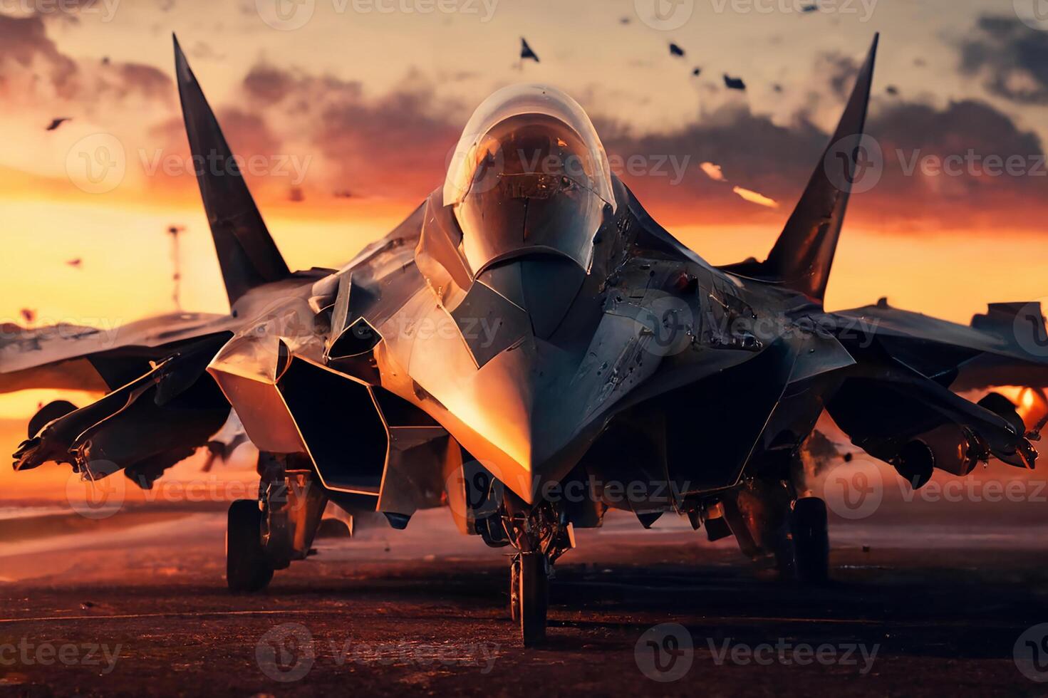 militaire avion combattant avec armes des stands à le aérodrome, prêt pour une combat vol pendant le le coucher du soleil. génératif ai photo