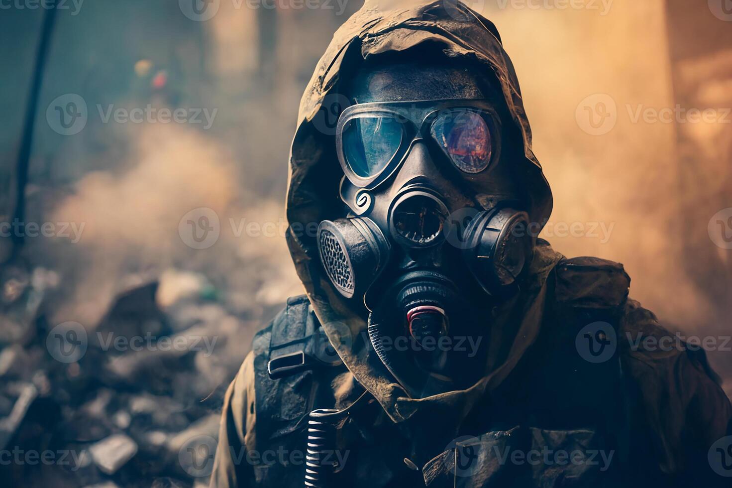 une militaire soldat dans une gaz masque et une militaire uniforme sur le rue. génératif ai photo