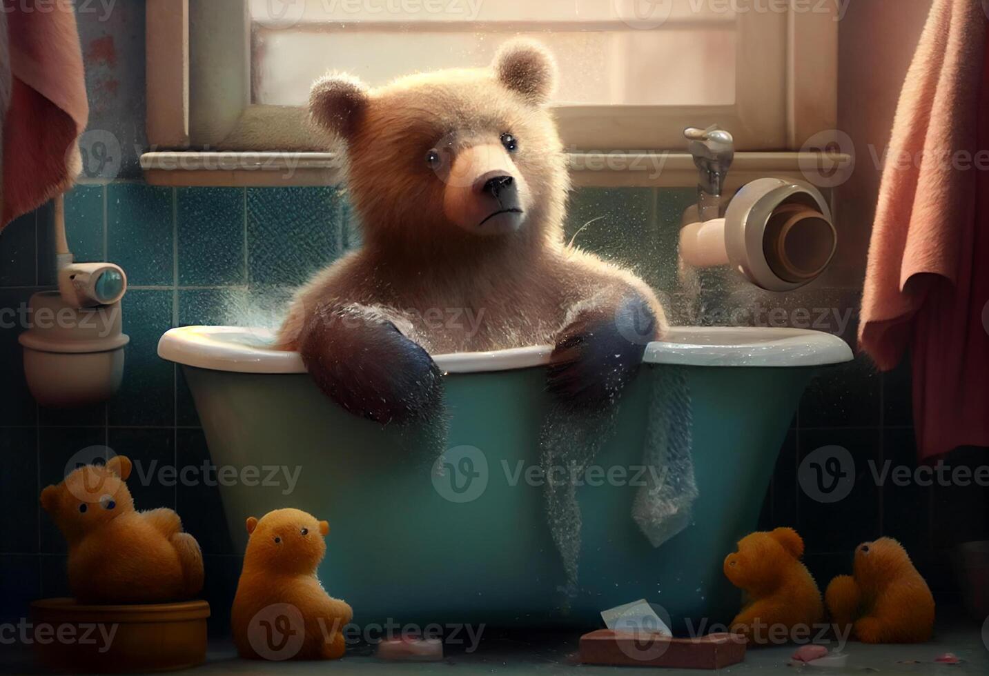 mignonne ours dans baignoire, animaux domestiques nettoyage. produire ai. photo