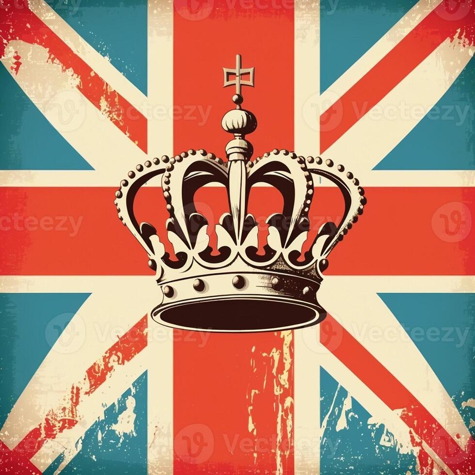 Royaume-Uni Royal couronne sur génial Bretagne drapeau arrière-plan, affiche dans rétro style de le années 70. génératif ai photo
