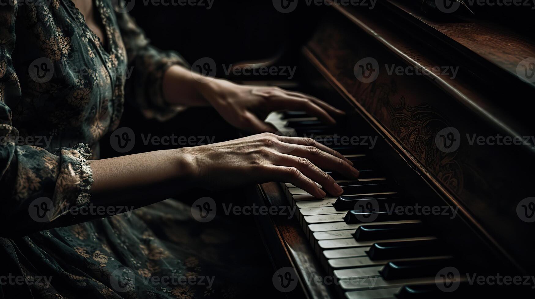 ai généré. génératif ai. la musique rétro ancien piano avec mains. inspiration mélodie. graphique art illustration. photo