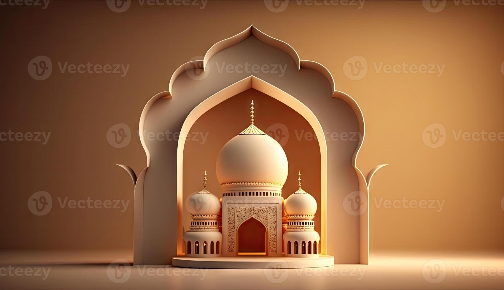 islamique vacances Ramadan kareem un événement arrière-plan, décorer avec arabe lanterne, lune, croissant, et mosquée dôme, de fête salutation carte conception, eid mubarak scène, avec génératif ai. photo