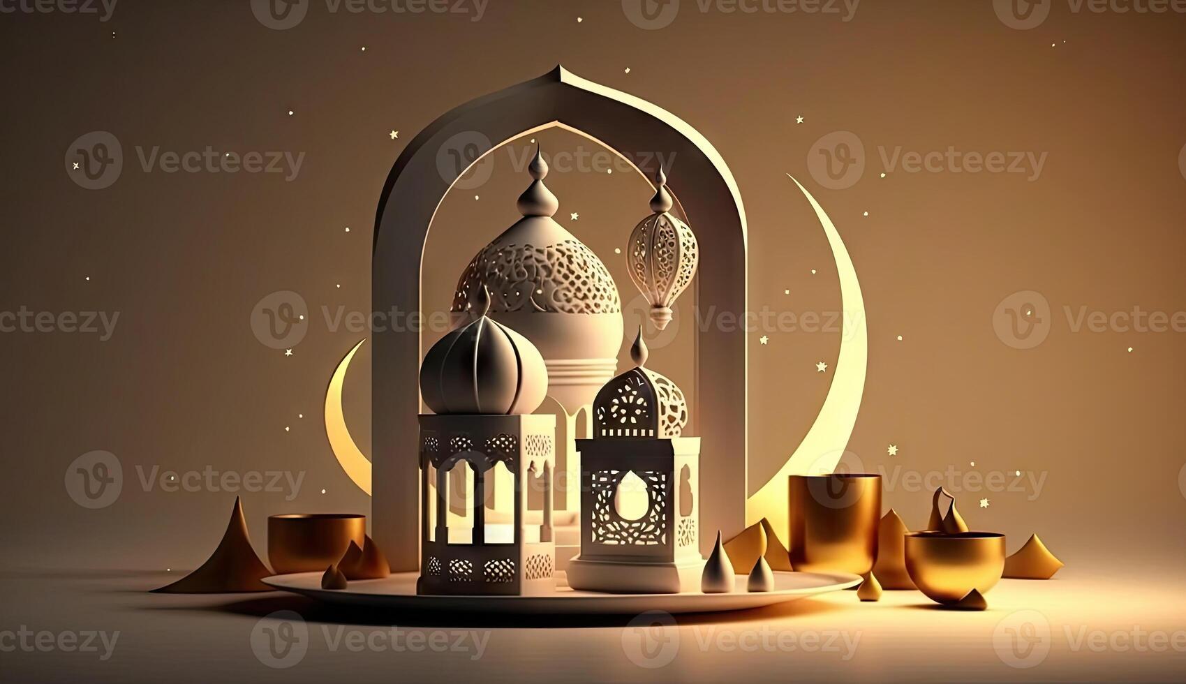 islamique vacances Ramadan kareem un événement arrière-plan, décorer avec arabe lanterne, lune, croissant, et mosquée dôme, de fête salutation carte conception, eid mubarak scène, avec génératif ai. photo