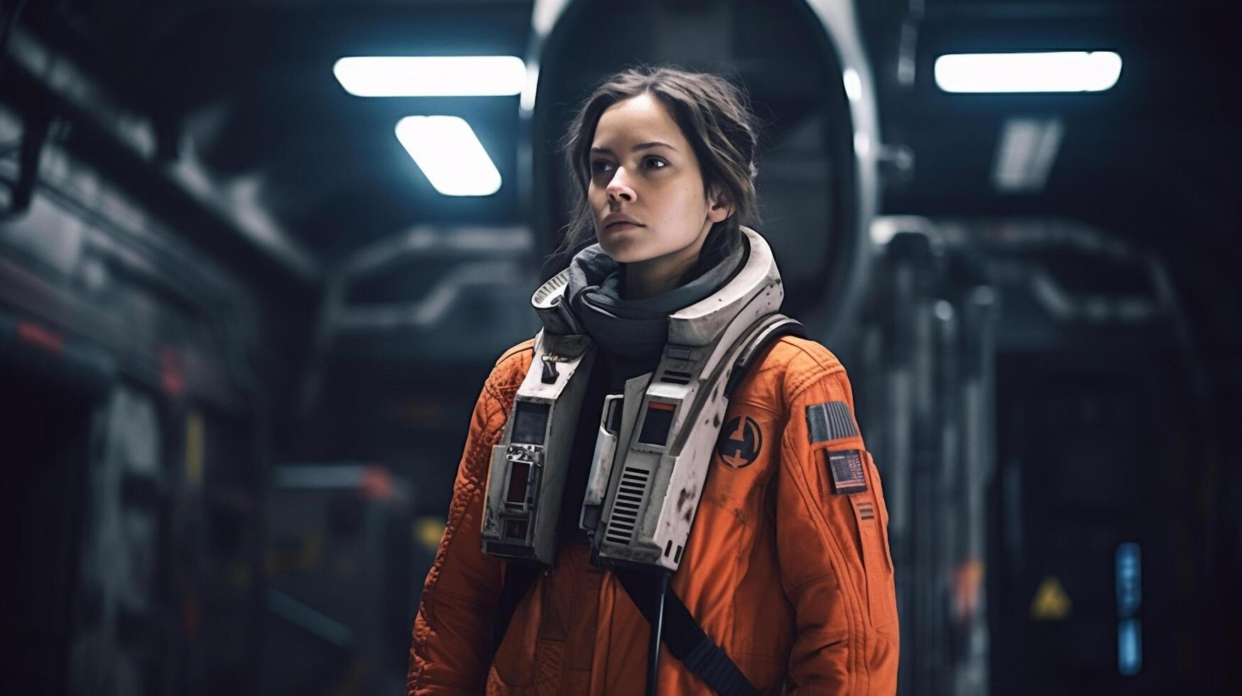 une femme astronaute dans une espace costume une planche le orbital gare. une Jeune femelle cosmonaute pilotes une vaisseau spatial. galactique Voyage et science concept établi en utilisant génératif ai photo