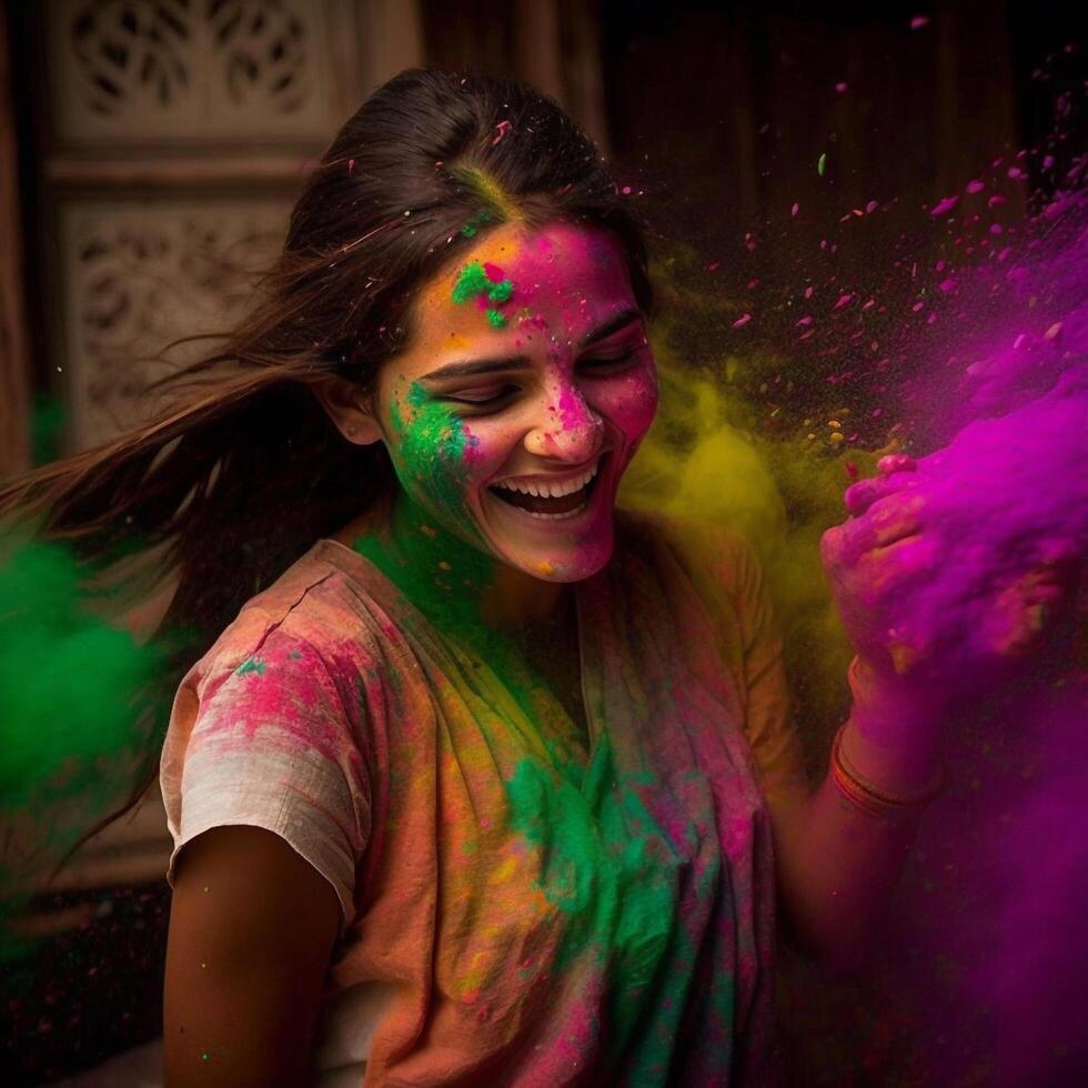 portrait de content Indien femme célébrer Holi avec poudre couleurs ou gulal. concept de Indien Festival Holi établi en utilisant génératif ai photo