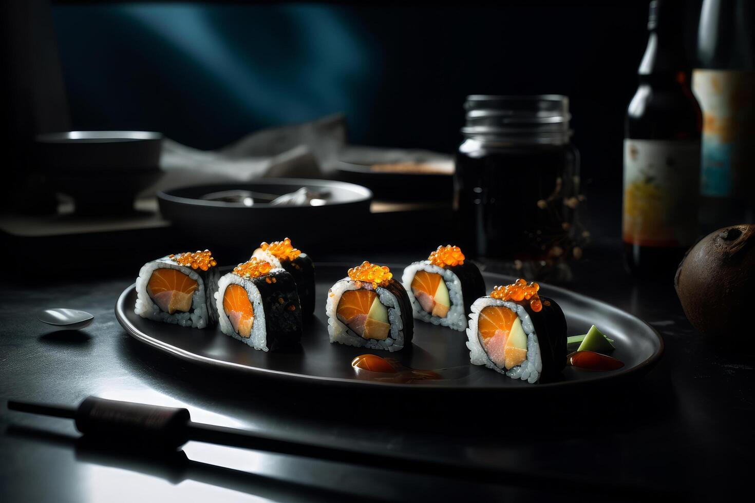 Sushi sur noir Contexte. illustration ai génératif photo