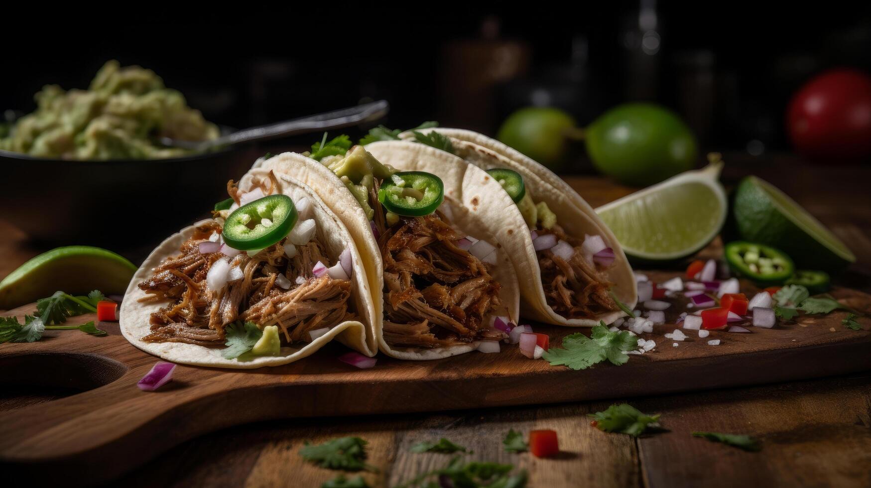 mexicain américain porc carnitas tacos. illustration ai génératif photo