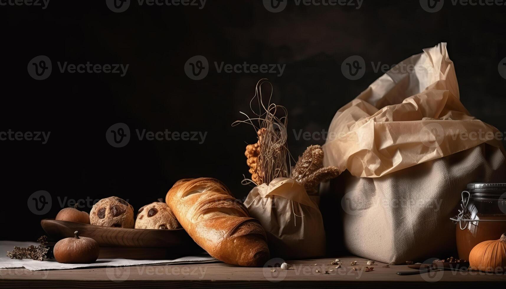 papier sac avec pain et panier de Pâtisserie. génératif ai photo