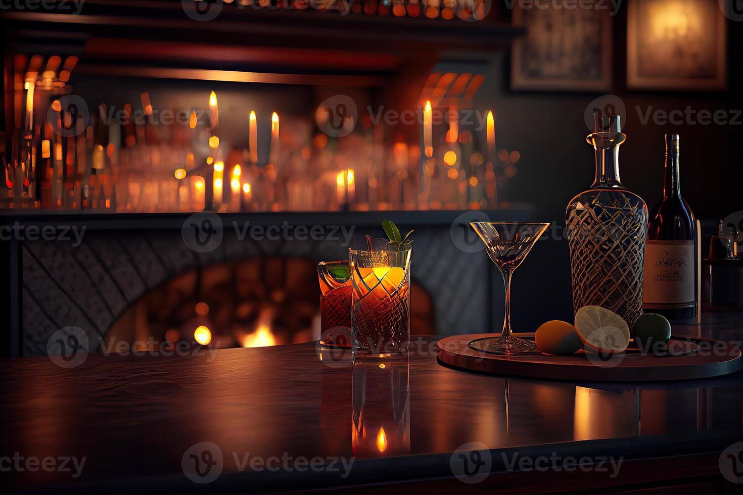 génératif ai illustration de une salon bar, cette comprend éléments tel comme une bien éclairé bar comptoir, du vin lunettes, allumé bougies et une détendu et accueillant atmosphère photo