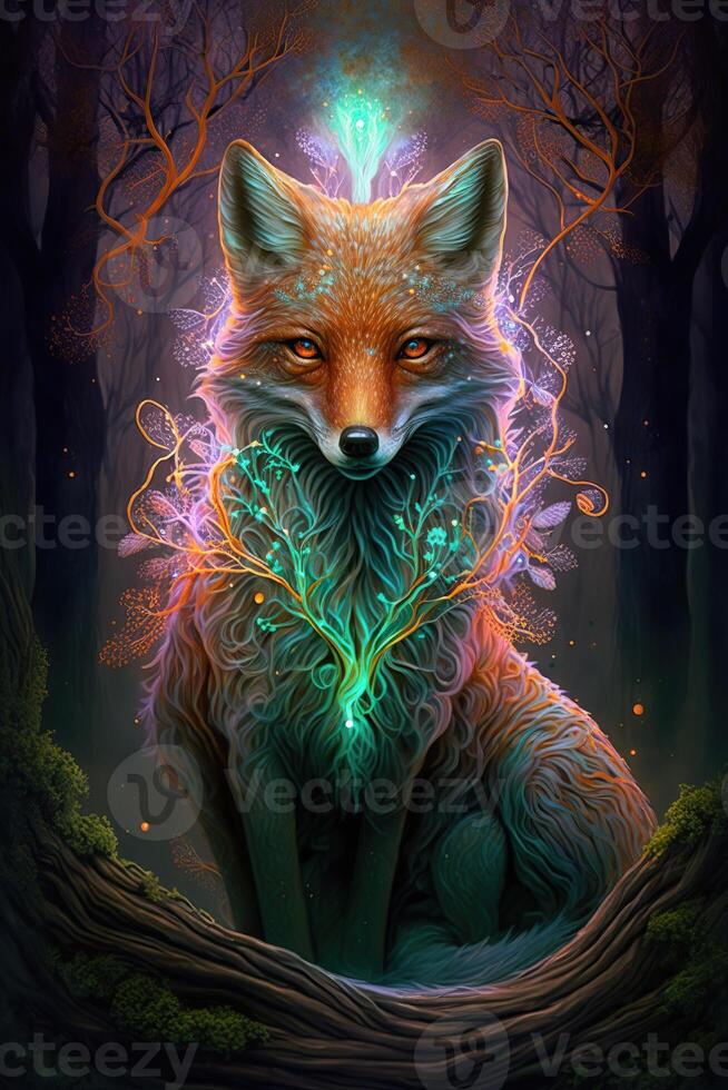 génératif ai illustration de ancien magique fondu Renard esprit dans une mystique ésotérique forêt, mignonne et symétrique conception, lisse, étonnamment beau, chatoyant, iridescent, bio luminescent fleurs photo