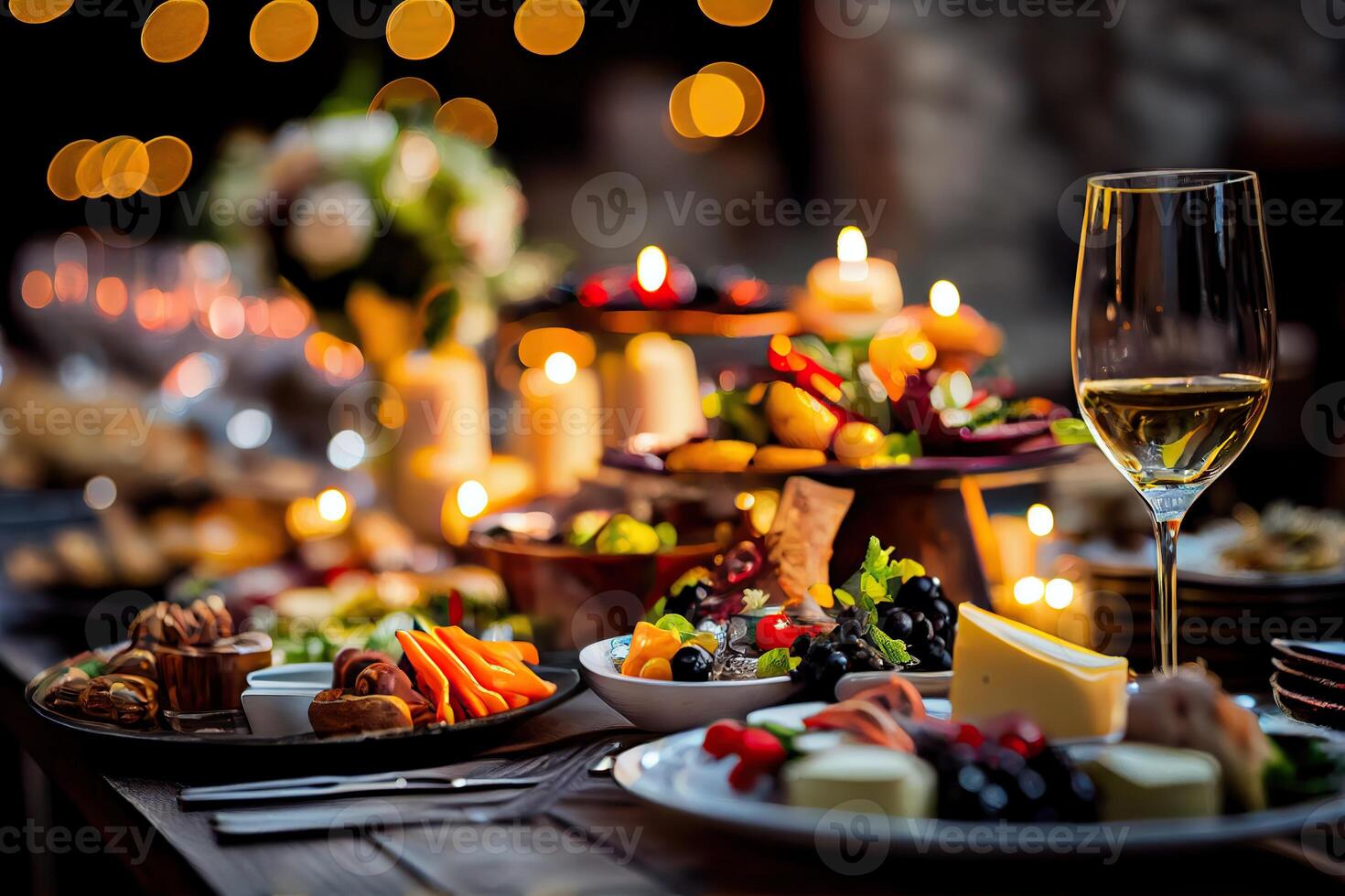 génératif ai illustration de portion table de une variété de délicieux de fête nourriture et du vin préparé pour un événement fête ou mariage. sélectif concentrer photo