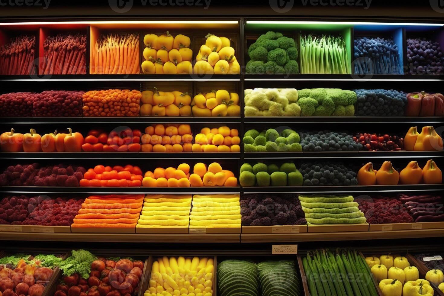 génératif ai illustration de Frais et coloré, fruit et légume section de le supermarché photo