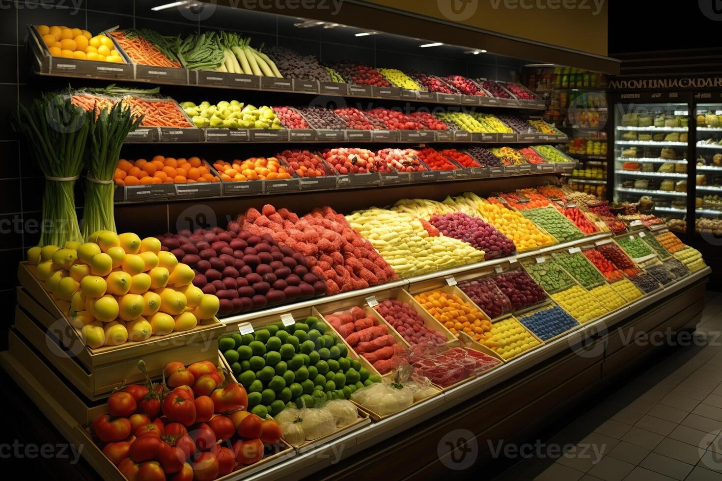 génératif ai illustration de Frais et coloré, fruit et légume section de le supermarché photo