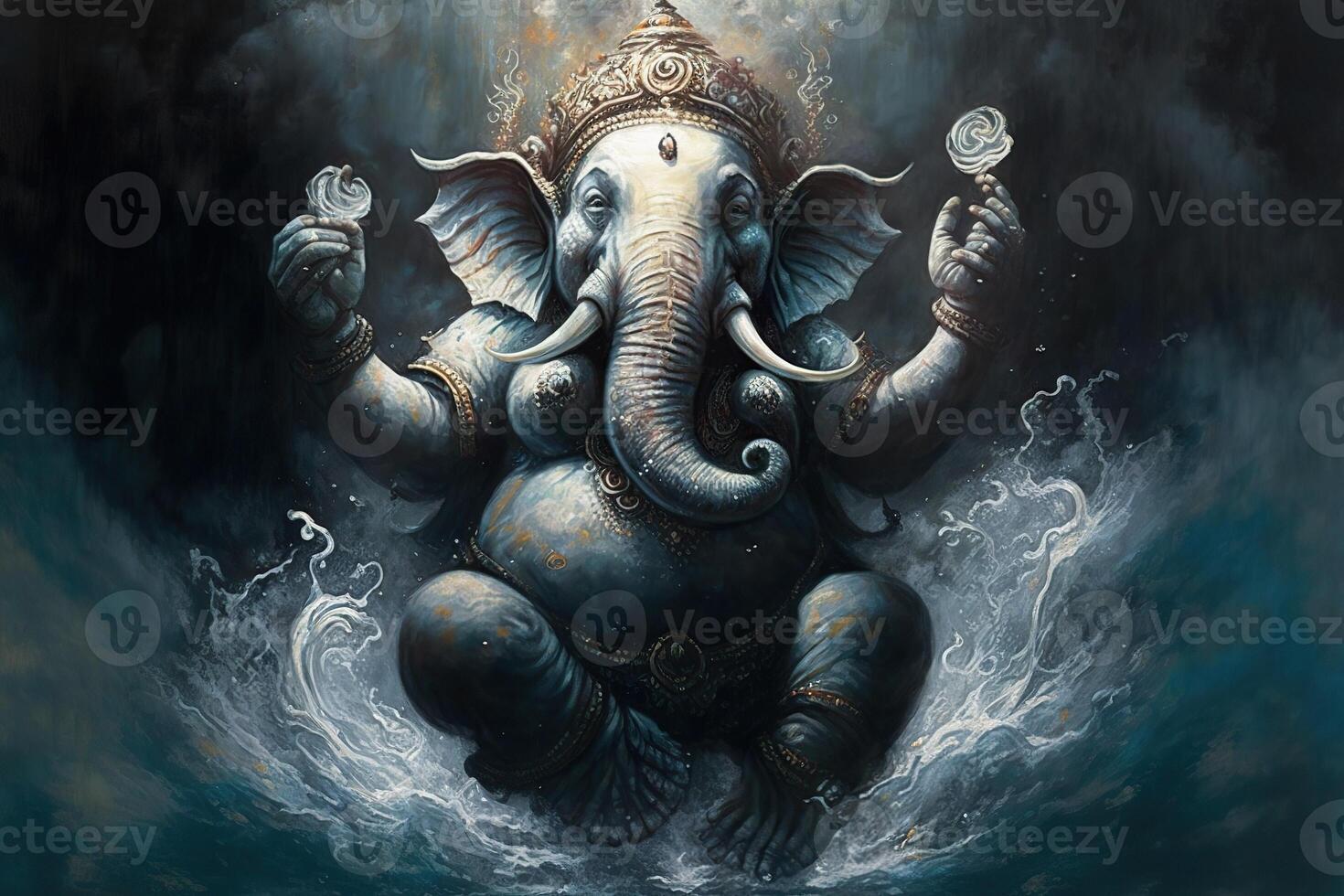 génératif ai illustration de ganesha hindou Dieu , avec fleurs, pétrole La peinture pris en haut dans paradis, séance dans de face de bokeh mandala Contexte photo