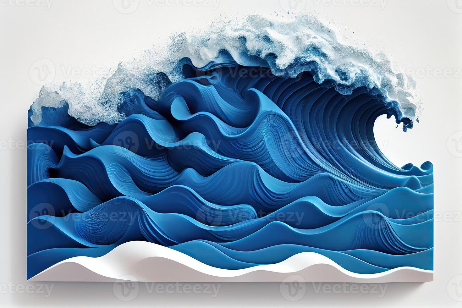 génératif ai illustration de bleu océan vagues avec blanc mousse, solide blanc Contexte photo