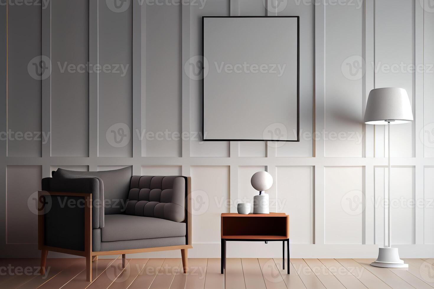 génératif ai illustration de fauteuil, café tableau, bois panneau, sol lampe, et Vide mur dans moderne minimaliste chambre. moquer en haut pour un illustration. photo