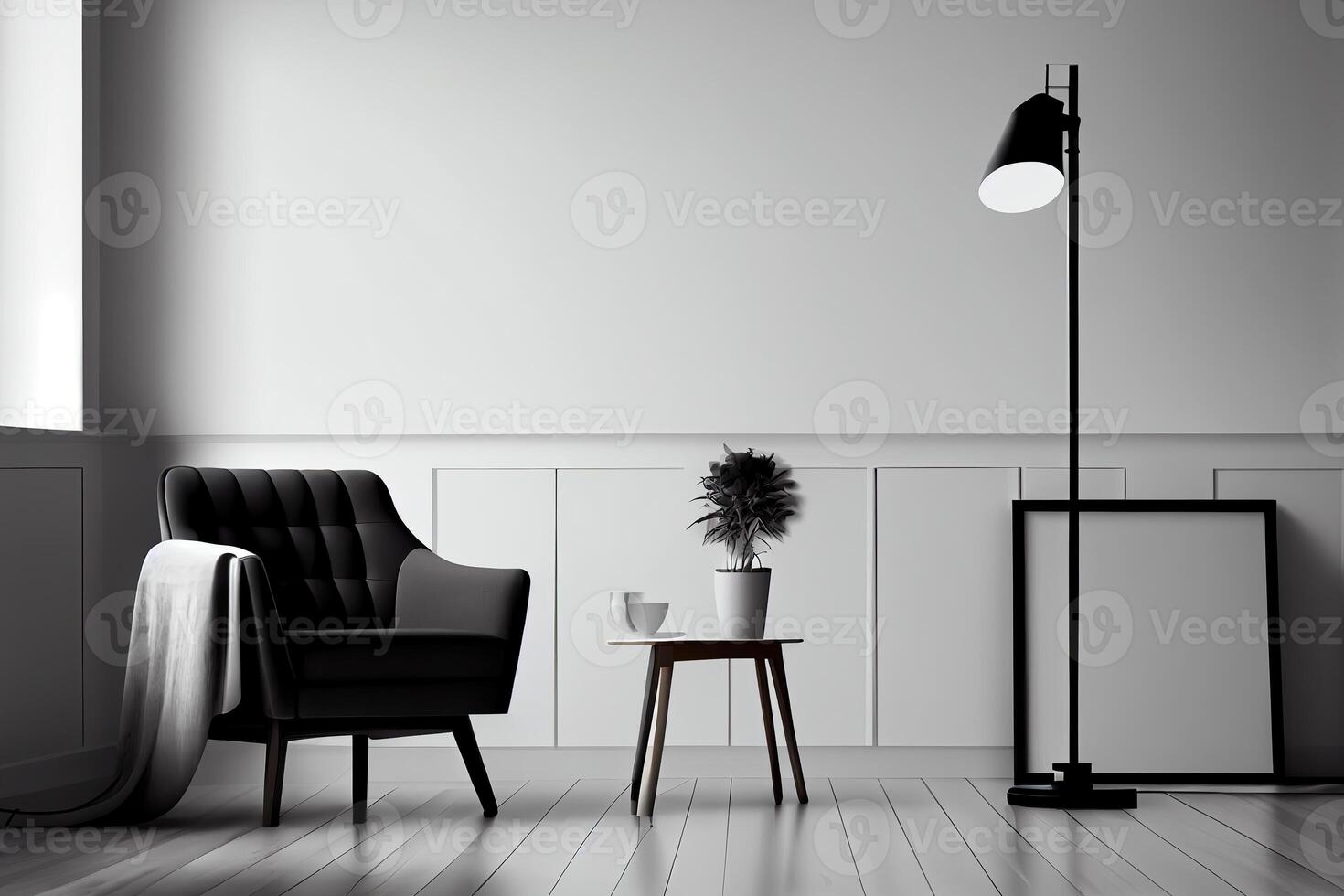 génératif ai illustration de fauteuil, café tableau, bois panneau, sol lampe, et Vide mur dans moderne minimaliste chambre. moquer en haut pour un illustration. photo