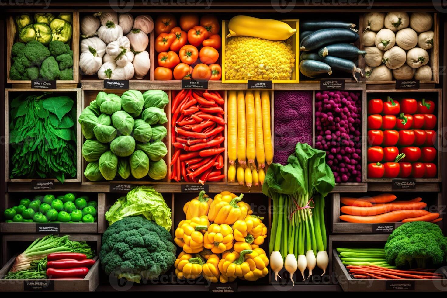 génératif ai illustration de légume agriculteur marché compteur coloré divers Frais biologique en bonne santé des légumes à épicerie magasin. en bonne santé Naturel nourriture concept photo