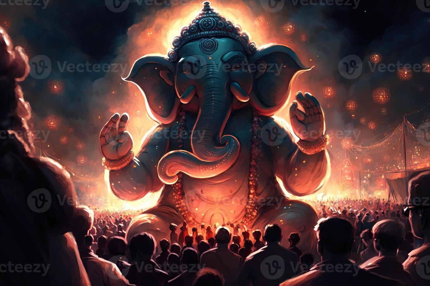 génératif ai illustration de ganesha hindou Dieu , avec fleurs, pétrole La peinture pris en haut dans paradis, séance dans de face de bokeh mandala Contexte photo