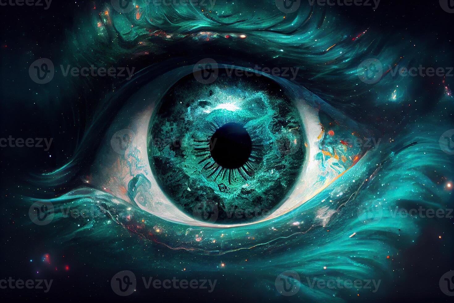 génératif ai illustration de une cosmique être, chaque œil est une neutron étoile, le sien bouche est une noir trou, et il donne de une malachite vert aura photo