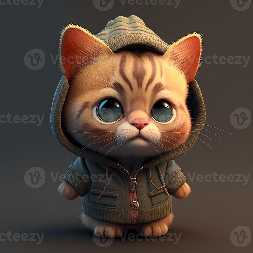 génératif ai illustration de 3d ombragé groupe de chibi chat avec large tête et mignonne visage dans vêtements portrait photo