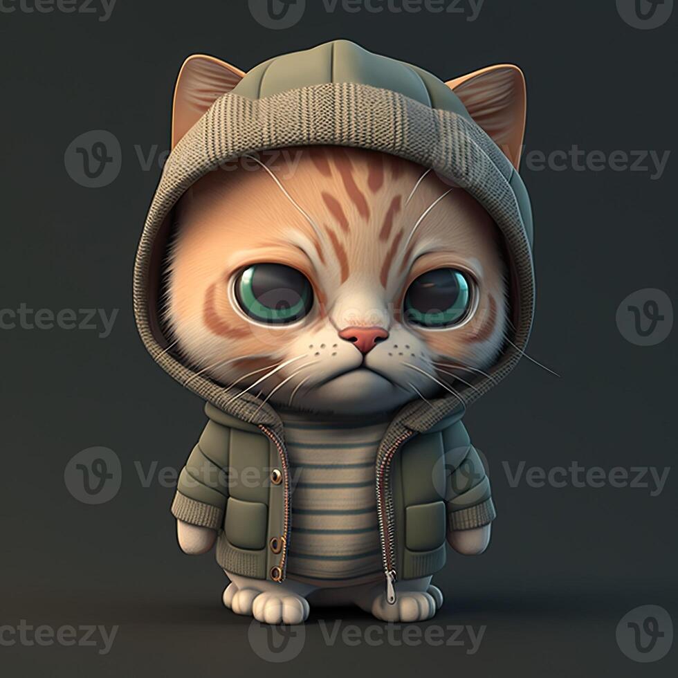 génératif ai illustration de 3d ombragé groupe de chibi chat avec large tête et mignonne visage dans vêtements portrait photo