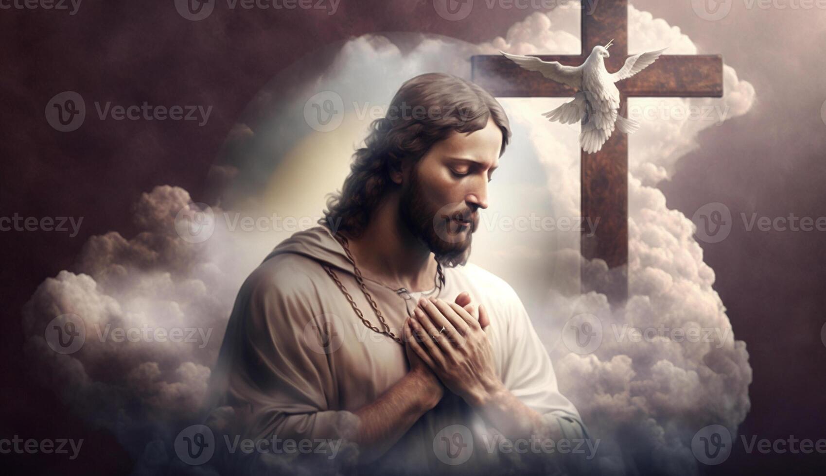 illustration de Jésus prier entouré par colombes sur une nuage, génératif ai photo