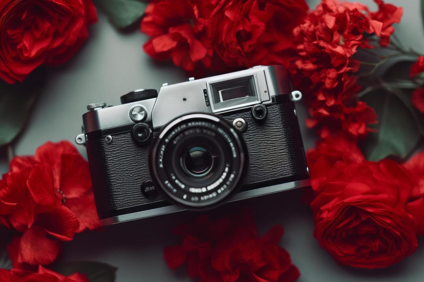 magnifique caméra avec rouge fleurs génératif ai photo
