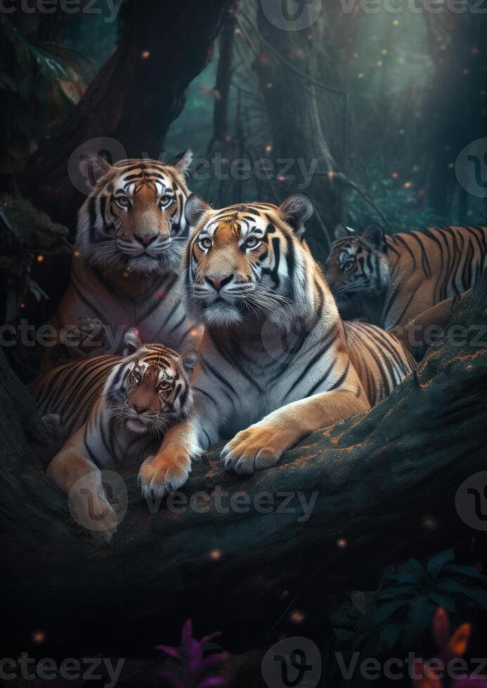 portrait de tigre famille séance ensemble sur des arbres branche génératif ai photo