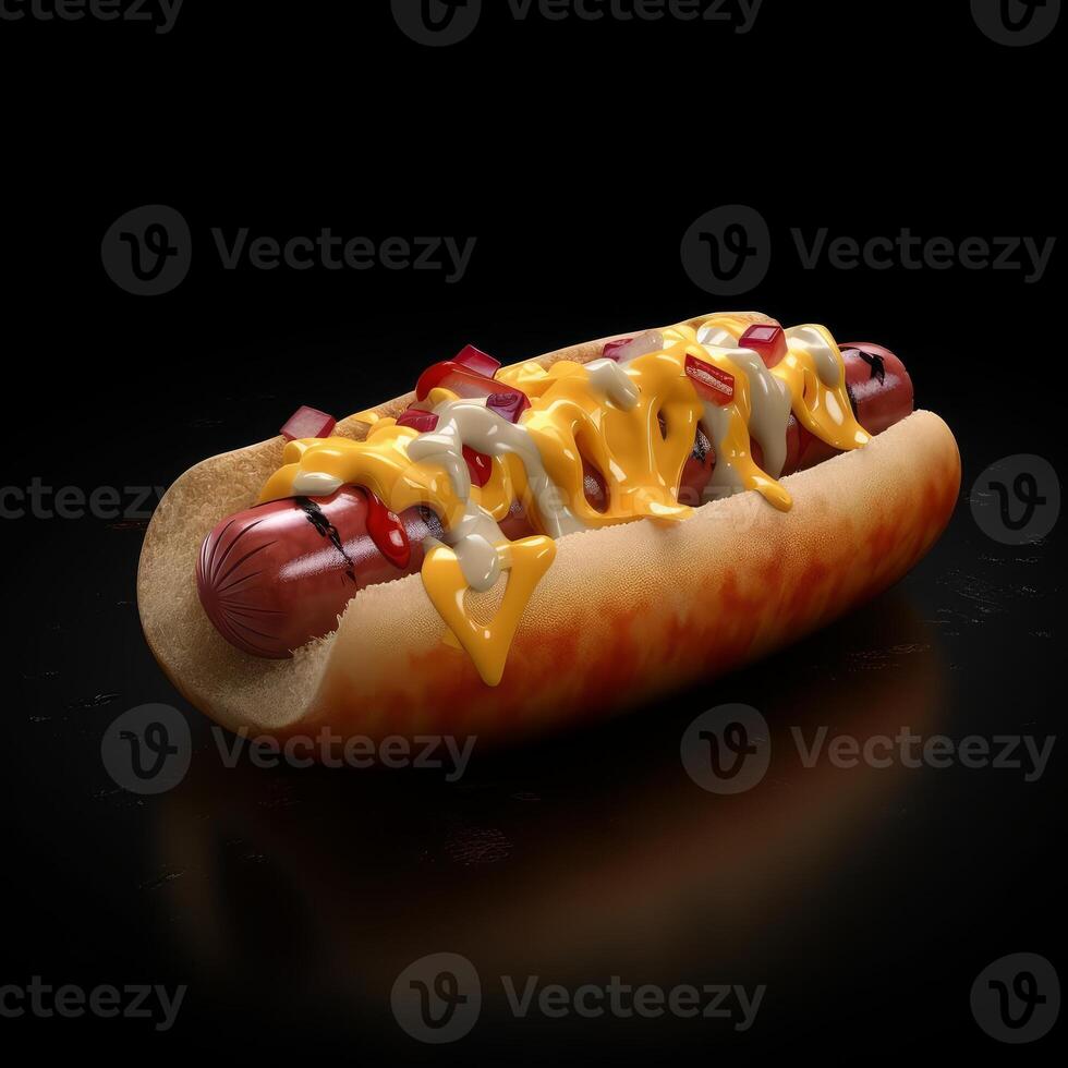 Hot-dog fromage saucisse sur noir Contexte génératif ai photo