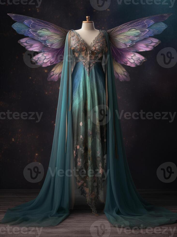 image de une fantaisie ange robe avec violet et bleu ailes génératif ai photo