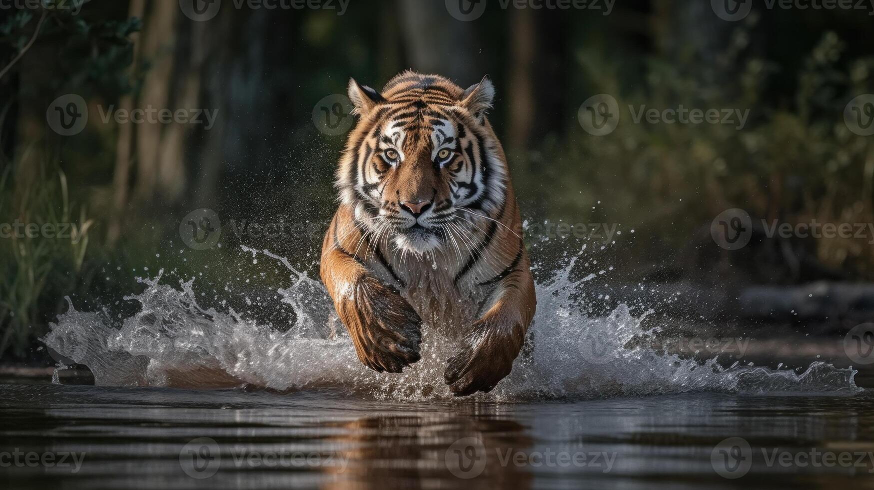 tigre fonctionnement avec une féroce expression génératif ai photo