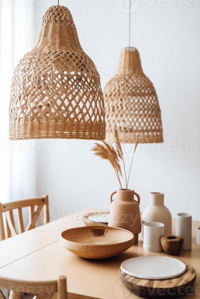 ai généré intérieur à manger pièce vue avec boho esthétique photo