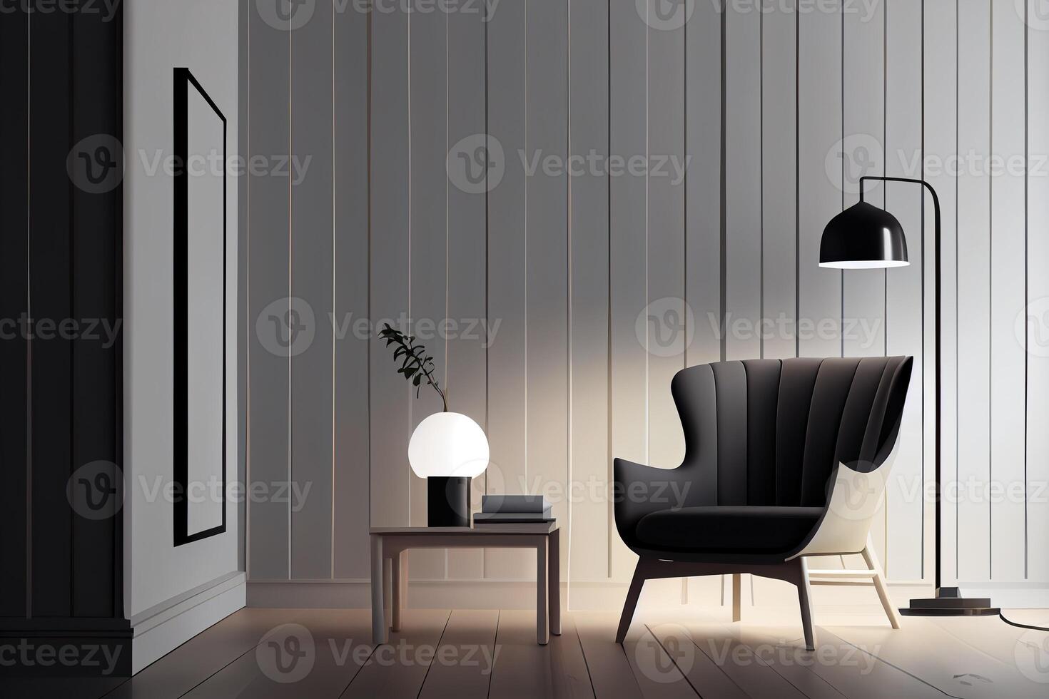 génératif ai illustration de fauteuil, café tableau, bois panneau, sol lampe, et Vide mur dans moderne minimaliste chambre. moquer en haut pour un illustration. photo