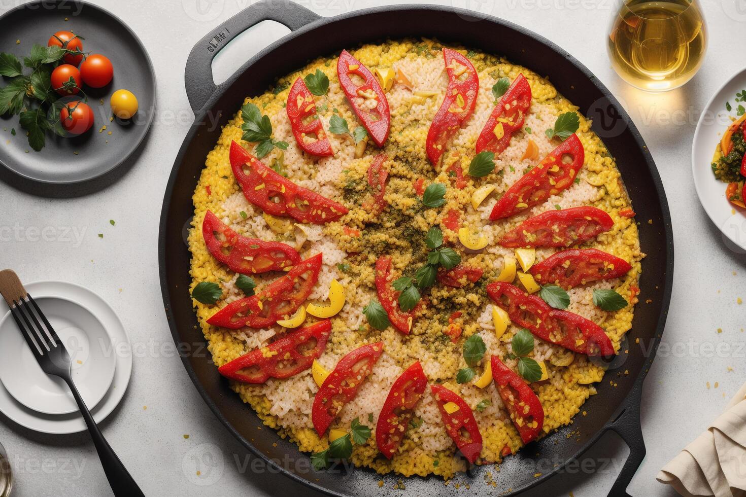 Paëlla, traditionnel Espagnol plat fabriqué avec riz, poulet et légumes, servi dans une poêle. Paëlla avec Fruit de mer. Espagnol cuisine. génératif ai photo