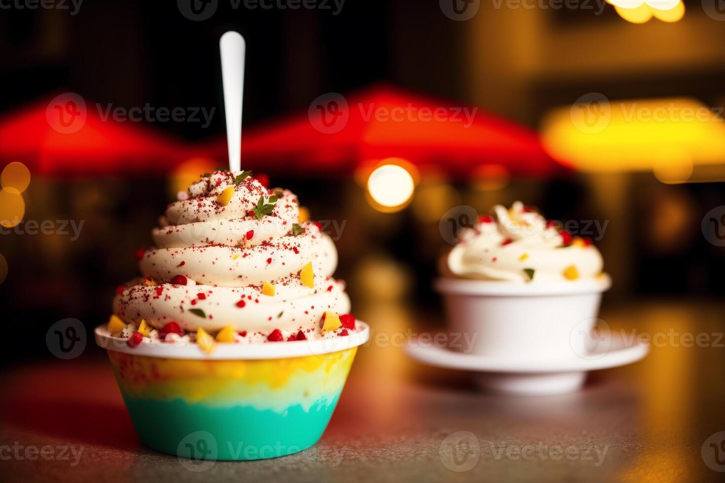 délicieux la glace crème dans une tasse, fermer, sur le tableau. sucré aliments. génératif ai photo